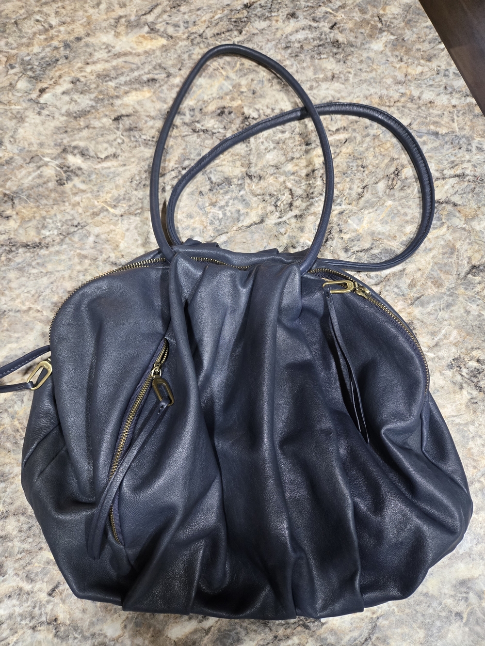 HOBO Navy Leather Hobo with Gold Hardware Accents